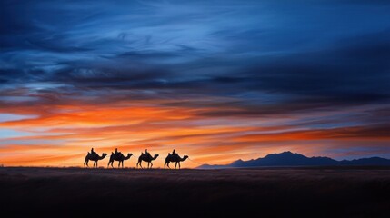 Fototapeta premium A group of camels are walking across a desert landscape at sunset