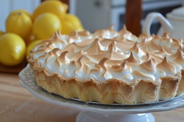 Freshly baked lemon meringue pie sits on a cake stand, with lemons in the background