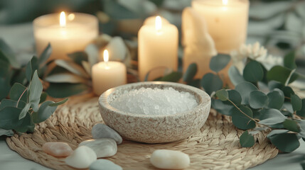 Closeup of a ceramic bowl filled with natural bath salts surrounded by green eucalyptus leaves and burning candles creating a serene spa atmosphere, concept of wellness spa therapy and natural skincar