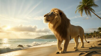 Lion in Funky Glasses Walking on a Tropical Beach at Sunset