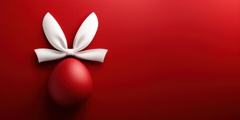 A bright red egg adorned with a white bow sits on a rich red background, perfect for festive decor