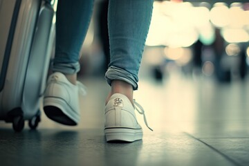 Fototapeta premium Traveler's Journey: A Close-Up of Feet in White Sneakers and Jeans Walking Away with Luggage