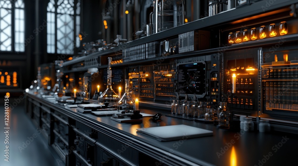 Poster a computer generated image of a laboratory with a black counter
