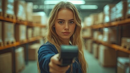 A young woman working in a warehouse, holding a scanner in her hand.