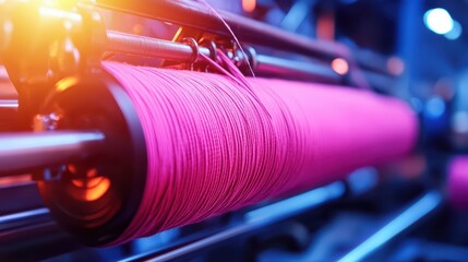 Bright Pink Thread on Spools in Textile Manufacturing Environment