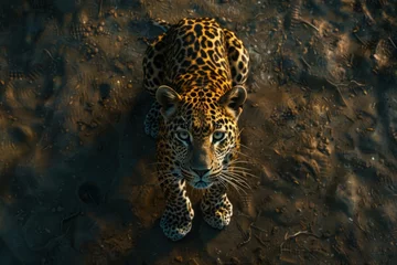 Leopard sitting majestically on the ground, its gaze fixed upwards, showcasing its powerful presence in the wild © nsit0108