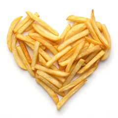 Golden French fries in heart shape isolated on white background