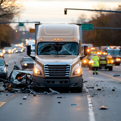 Serious semi-truck accident on busy highway, debris scattered across lanes, highway chaos unfolds as emergency teams respond, intense crash scene with damaged barriers and heavy traffic delays