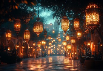 Naklejka premium Enchanting Alley Illuminated by Numerous Hanging Ornate Lanterns at Night
