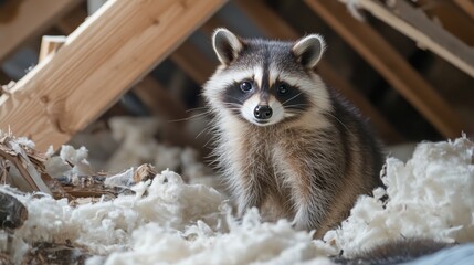 A mischievous raccoon, surrounded by shredded insulation, illustrates the rising concern of urban wildlife invading homes.