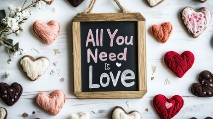 The simple yet powerful message All You Need Is Love sits amidst hand-drawn hearts, capturing the essence of affection and joy in a charming flat lay style.