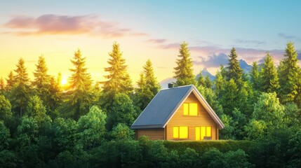 Cozy Yellow House Surrounded by Lush Green Trees at Sunrise