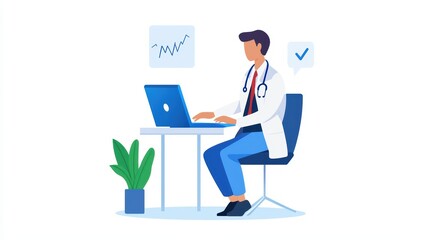 Medical Professional Working on Laptop in Modern Office Setting