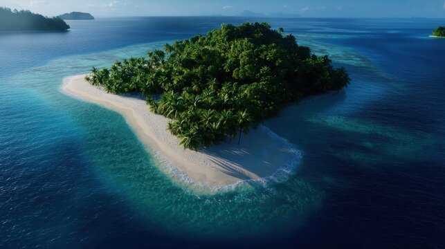 A beautiful island with a beach and palm trees