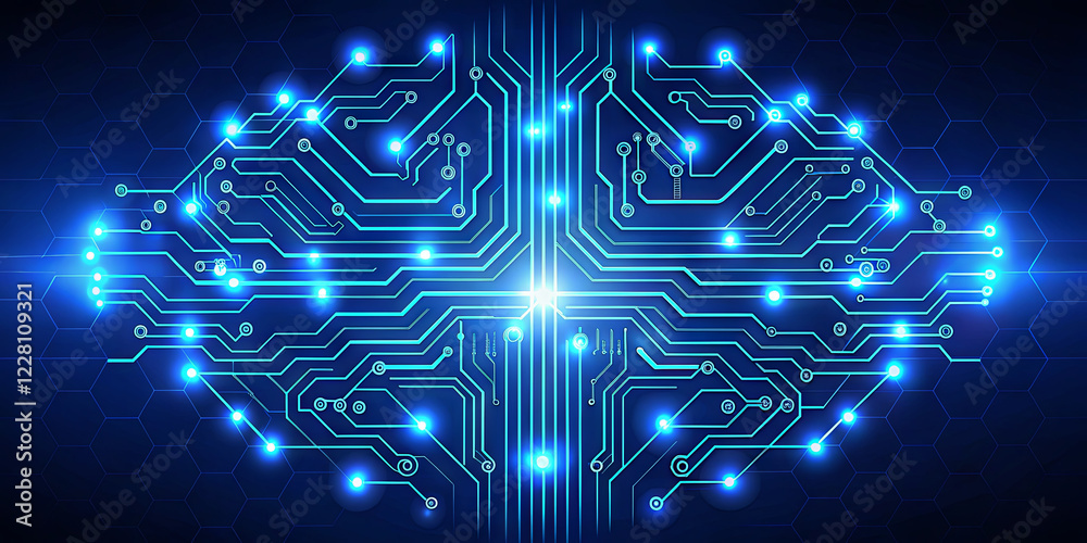 Poster a visual composition features a brain outlined with intricate circuit patterns illuminated in bright
