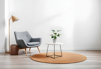 Modern interior design with light empty mock-up wall and gray furniture, loft and vintage of living room. Armchair, table with green plant in pot, round carpet on floor, on white wall background