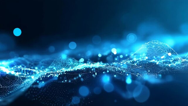 Blue wave with many small dots in it. Dots are scattered all over the wave, creating sense of movement and energy. Blue color of the wave and the dots gives a feeling of calmness. Abstract background