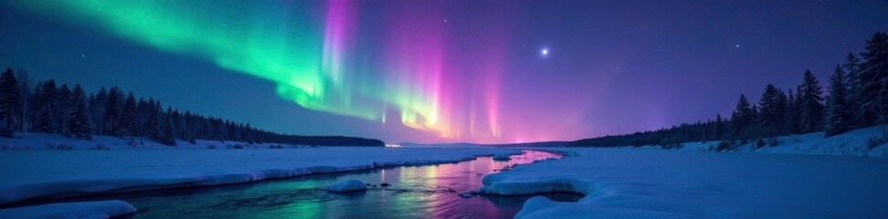 Naklejka premium Softly glowing aurora borealis above icy river water, night, colorful