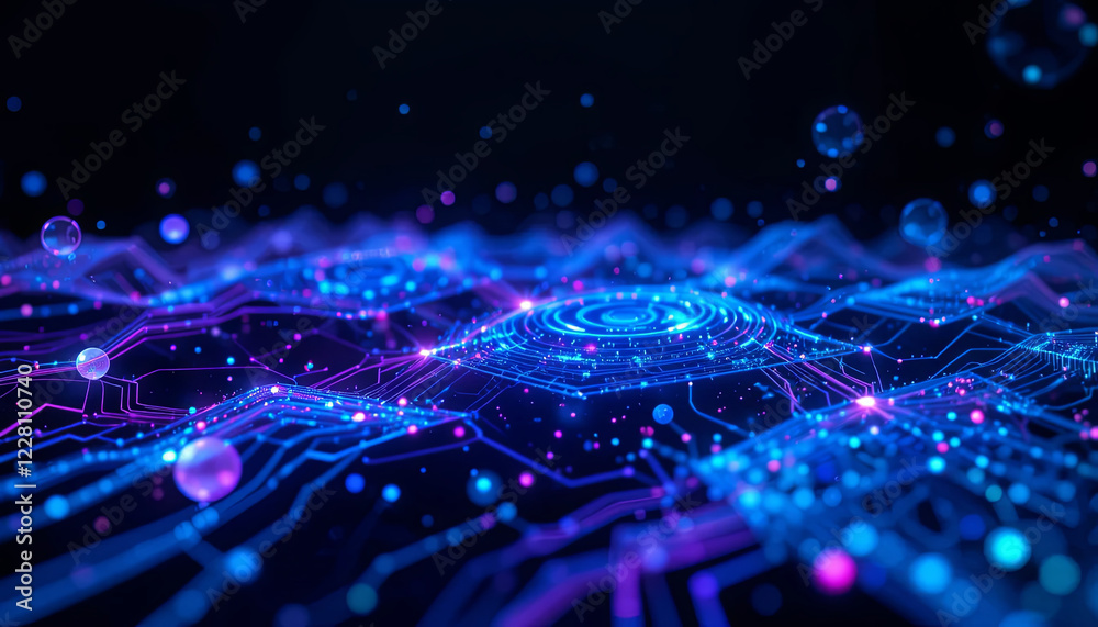 Poster a stunning visual of a digital space filled with glowing circuitry patterns and luminous particles. 