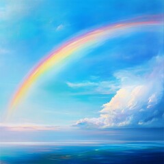 Beautiful rainbow in the sky over the sea. Vector illustration.