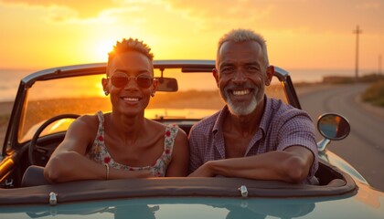 Elderly couple enjoying a beautiful sunset drive along the coast in a vintage convertible, embracing joy and togetherness in their golden years
