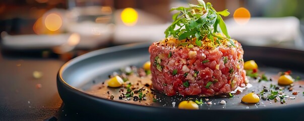 Gourmet steak tartare appetizer beautifully plated with fresh greens and delicate garnishes.