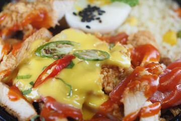 Delicious chicken dish with cheese and spicy sauce