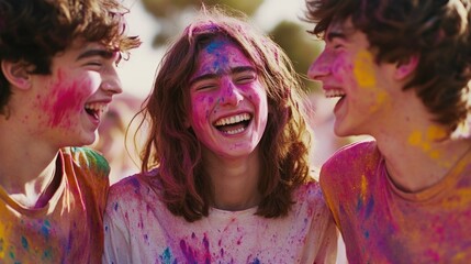 Obraz premium Group of people laughing and smiling with colorful powder on them, celebrating Holi festival in India.
