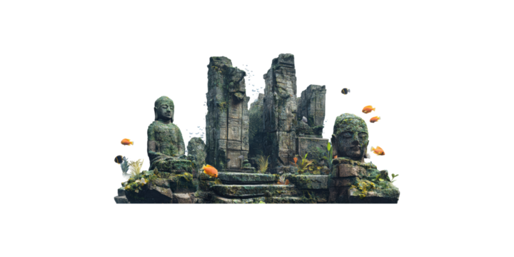 Ancient ruins with statues and fish isolated on transparent background