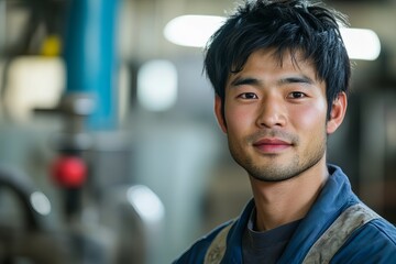 Portrait of a Confident Young Asian Male Industrial Worker Serious Expression Blue Workwear Factory Setting Hardworking Dedicated Professional Manufacturing Engineering Mechanical Technician Skilled  