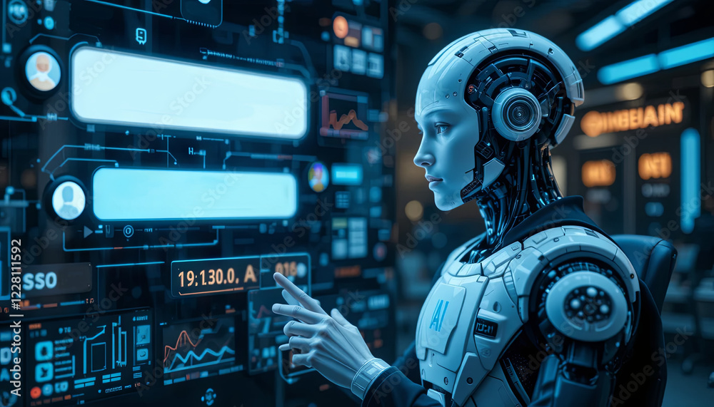 Poster a detailed robotic figure is engaged with a glowing digital interface filled with data graphs and no