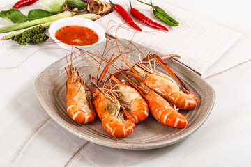 Boiled tiger prawn with sauce