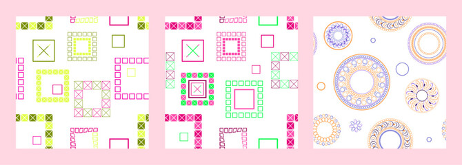 Seamless pattern of geometric shapes. Bright seamless pattern. Set of 3 patterns. Design for fabric, wallpaper, wrapping paper. Vector