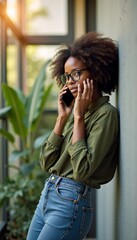 Woman in a green shirt with curly hair talking on her phone while leaning against a wall in a bright indoor space surrounded by plants