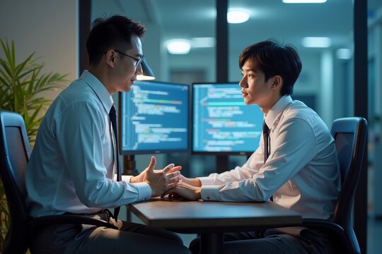 Two colleagues discussing programming tasks in a modern office during late night working hours while seated at a desk with dual monitors in the background