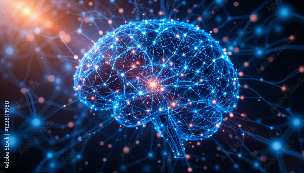 Poster a vibrant visual of a human brain formed by glowing connections represents the intricate neural netw