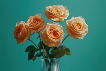 Fototapeta premium A bouquet of three pink roses in a glass vase against a green background.