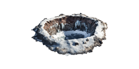 Icy crater with snow-covered edges isolated on transparent background