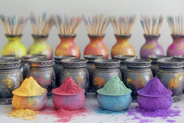 A row of vases with different colored paint and brushes. The vases are arranged in a way that they look like they are ready to be used for painting. Scene is creative and artistic
