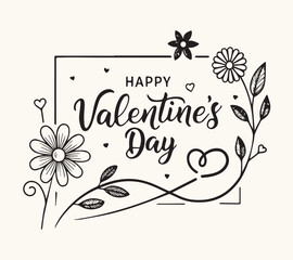 Fototapeta premium Happy Valentine's Day hand-drawn floral frame with hearts and leaves in black and white sketch style