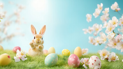 Easter bunny and Easter eggs on green grass field spring meadow