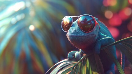 Chameleon in Funky Glasses Relaxing on a Tropical Leaf