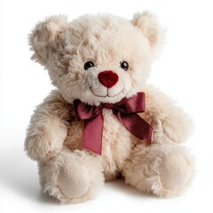 Obraz premium White teddy bear adorned with a red bow, isolated on a clean white background, perfect for warmth and comfort themes