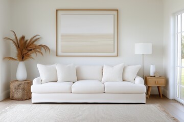 Modern living room with neutral decor and natural elements in bright sunlight, white sofa, painting on the wall, rattan carpet and dried flowers, Scandinavian style.