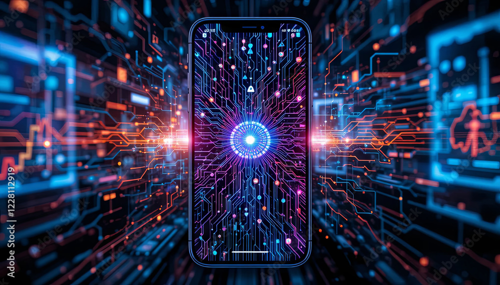 Poster a sleek smartphone displays a striking design with colorful circuitry and glowing patterns. the back