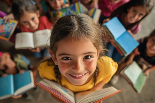 Young girl with braided hair looking at camera; book in hands, children holding books around her; diverse group of kids and books.