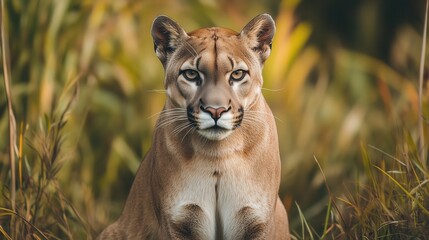 Fototapeta premium A wild panther stares directly into the camera, its powerful gaze and sleek form capturing the untamed strength and beauty of nature.