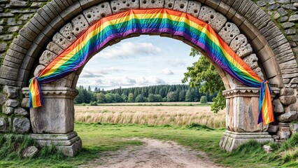 old stone arch with rainbow lgbt garland and open field landscape for use in celebrations of diversity and inclusivity