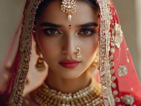 Bride wearing traditional Indian jewelry, makeup, and headpiece with hena design. Gold and red embellishments.