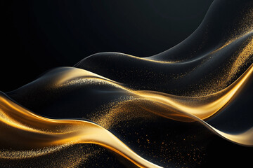 Elegant Flowing Golden Waves with Glowing Particles on a Dark Background, Abstract Futuristic Texture and Luxury Artistic Design
